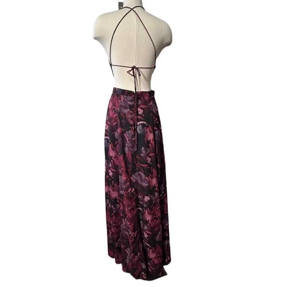 Fame And Partners Purple Floral Maxi Dress Halter Strappy Back High Slit Size 0 - Picture 4 of 13